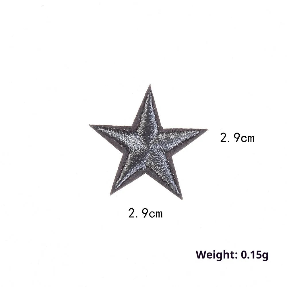 Colourful embroidered five-pointed star designs on cloth sticker labels for DIY clothing customisation.