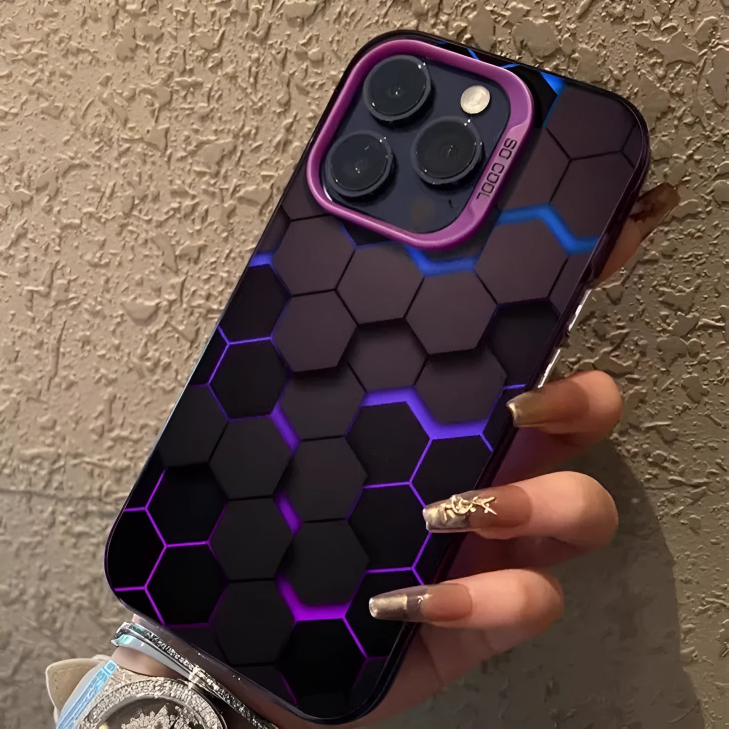 Frosted protective phone case for Apple iPhone with honeycomb square design in moonlight colours.