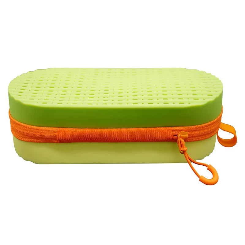 Silicone glasses case in multiple colours, showing long hand shape and scale next to a pair of spectacles.