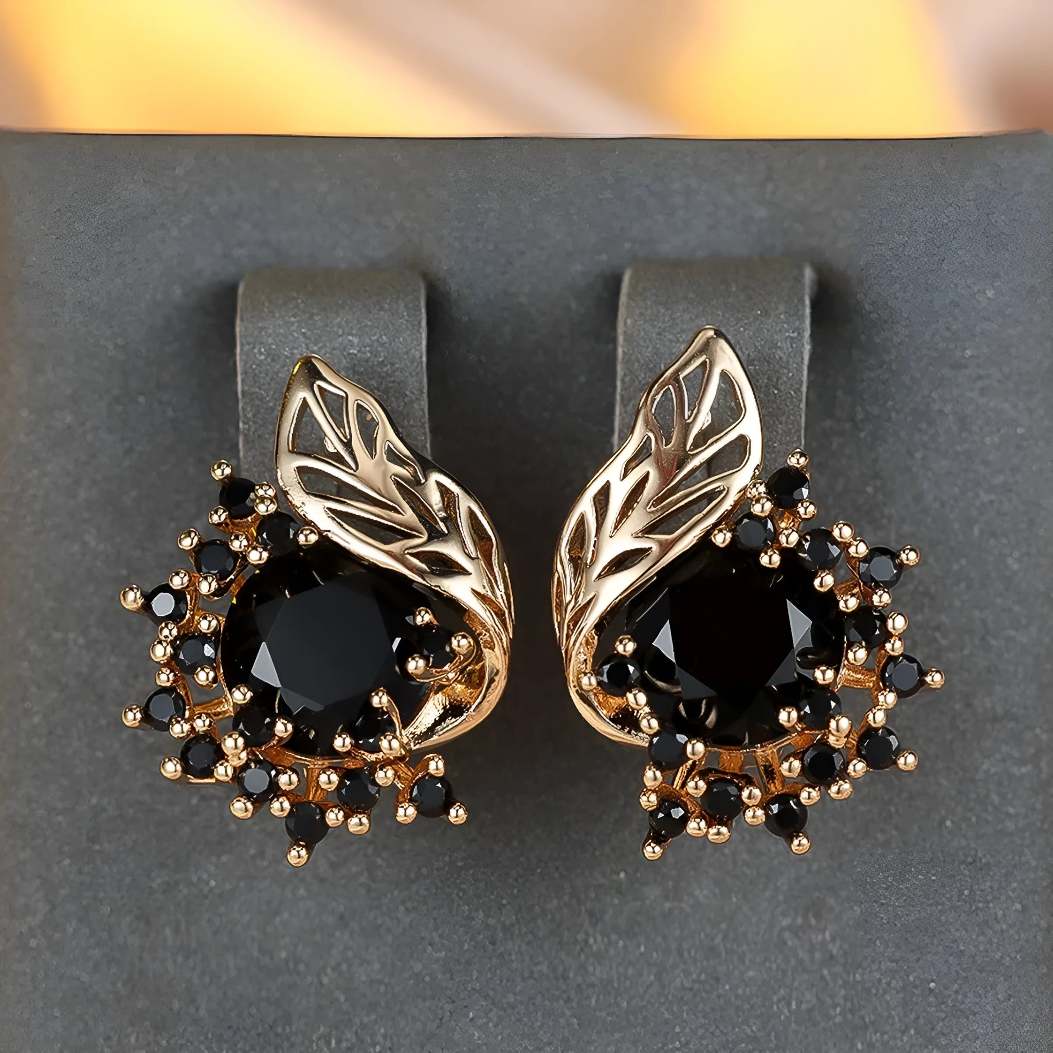Round flowers feather zircon earrings in rose gold electroplated finish with multiple diamond colour options