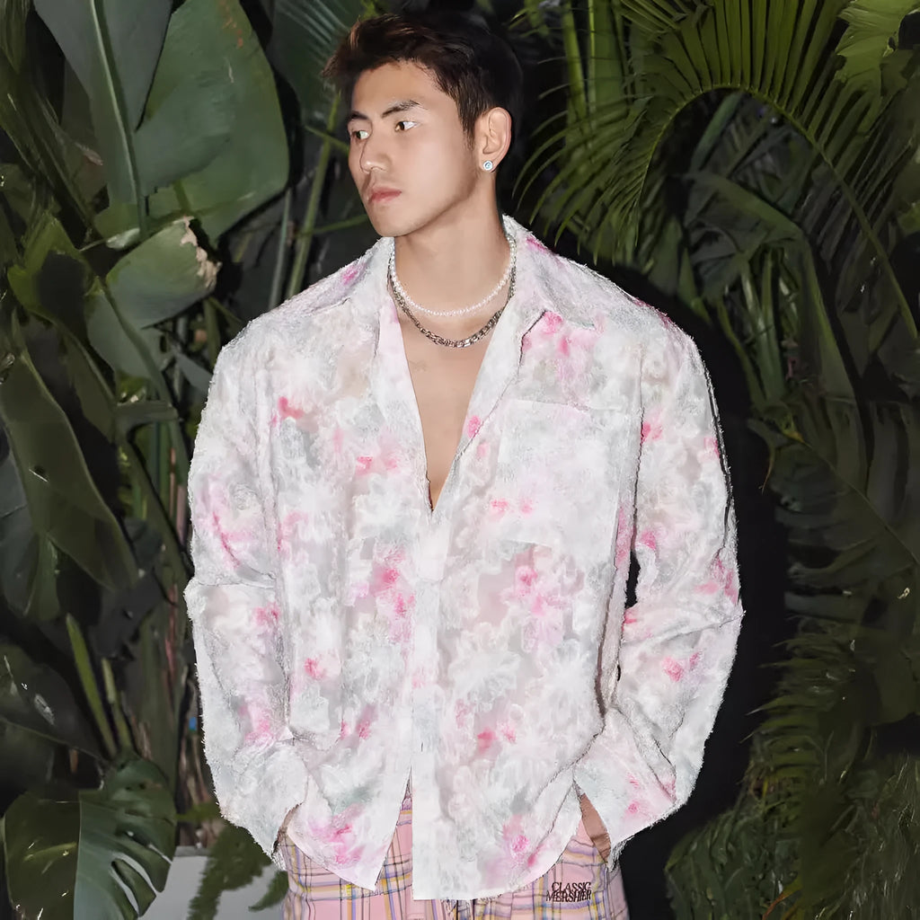 Men's floral long sleeve shirt with embossed three-dimensional pattern in loose fit