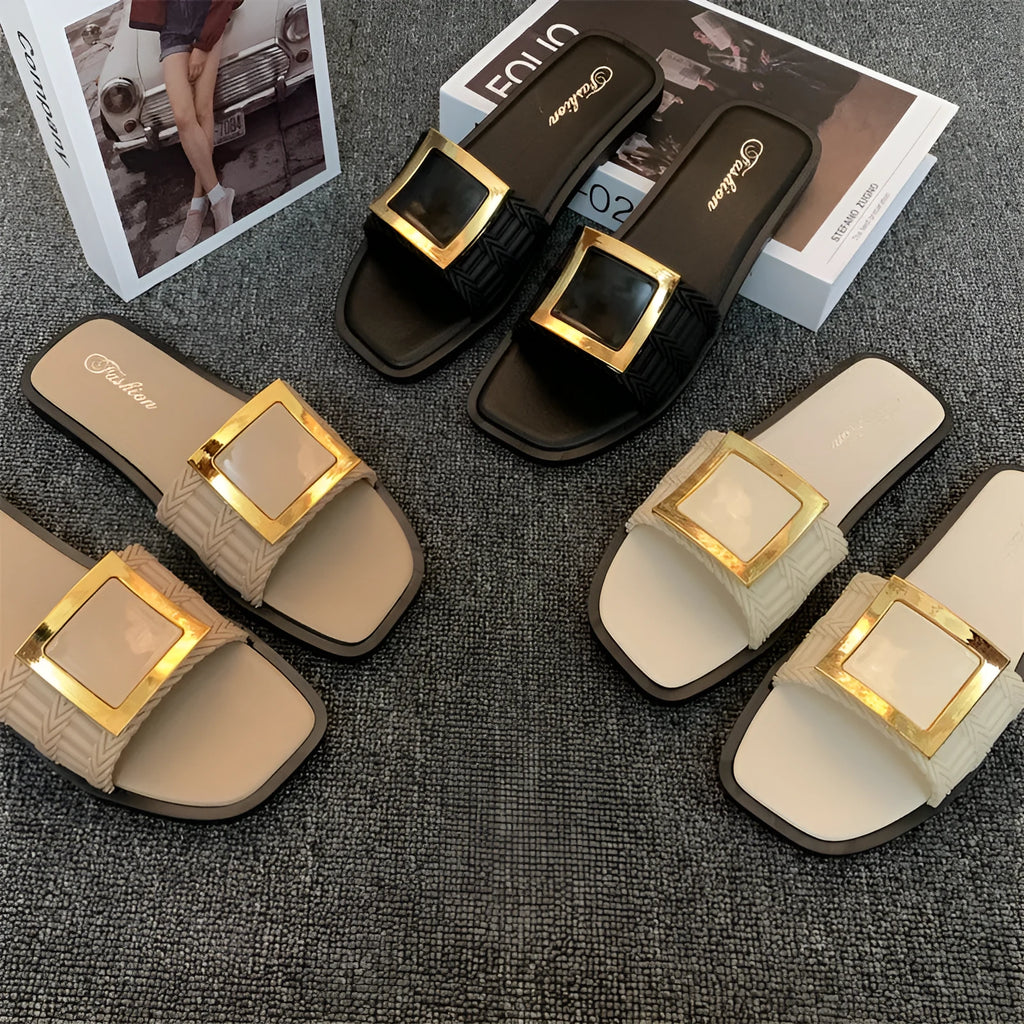 Women's casual summer flat slippers in apricot, black, or khaki with waterproof PVC soles