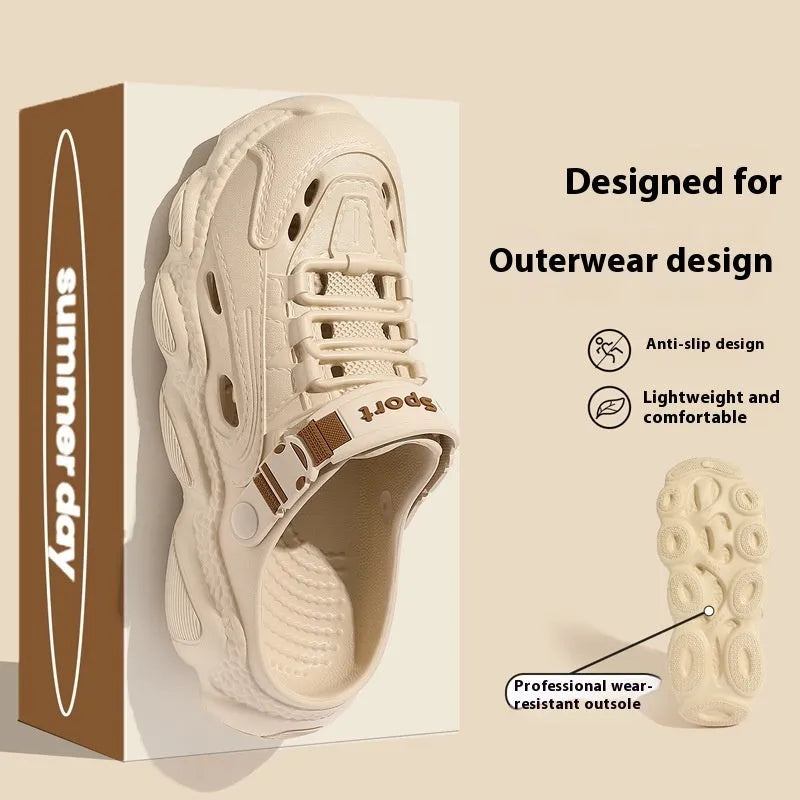 Men's khaki outdoor slippers with a breathable hollow-out design and textured EVA sole.