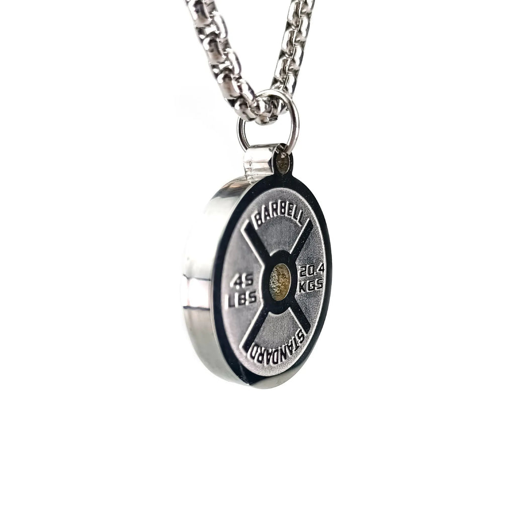 Polished stainless steel barbell disk necklace with geometric pendant on 60cm chain