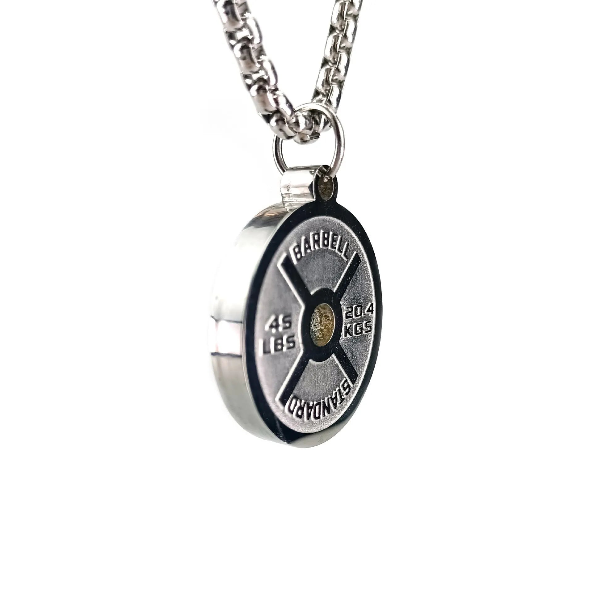 Polished stainless steel barbell disk necklace with geometric pendant on 60cm chain