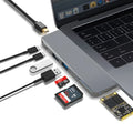 8-in-1 USB-C hub for MacBook Pro with dual USB-C plugs and multiple ports