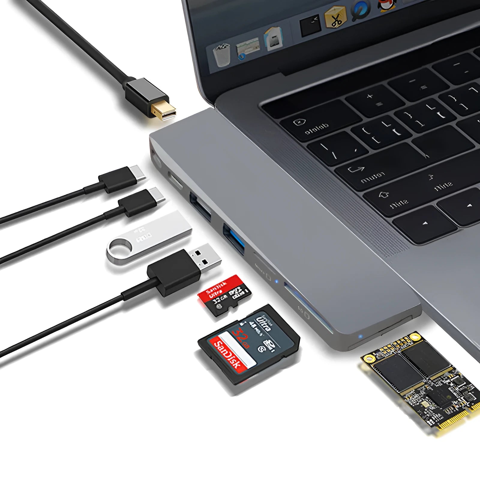 8-in-1 USB-C hub for MacBook Pro with dual USB-C plugs and multiple ports