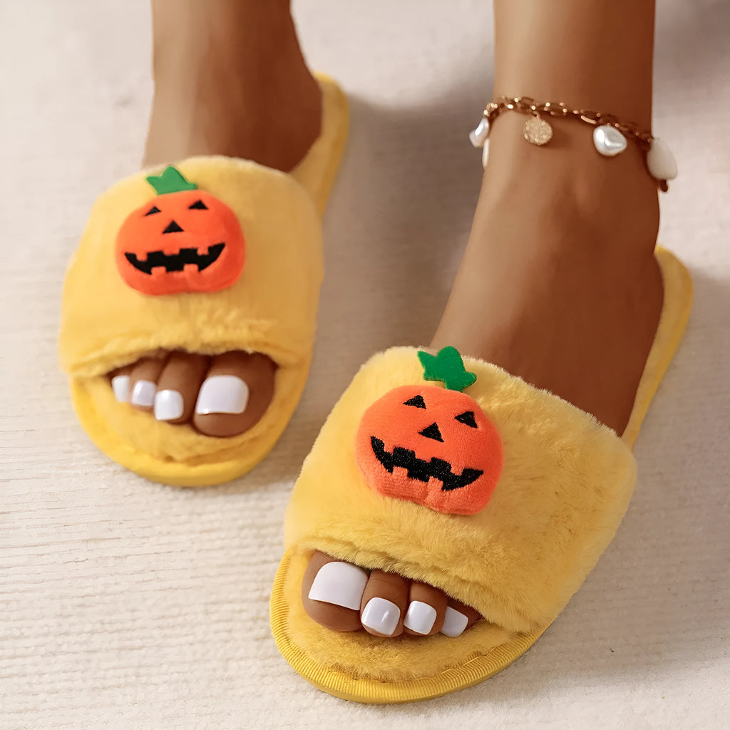 White and yellow Halloween pumpkin cartoon design open-toe plush slippers with synthetic fur.