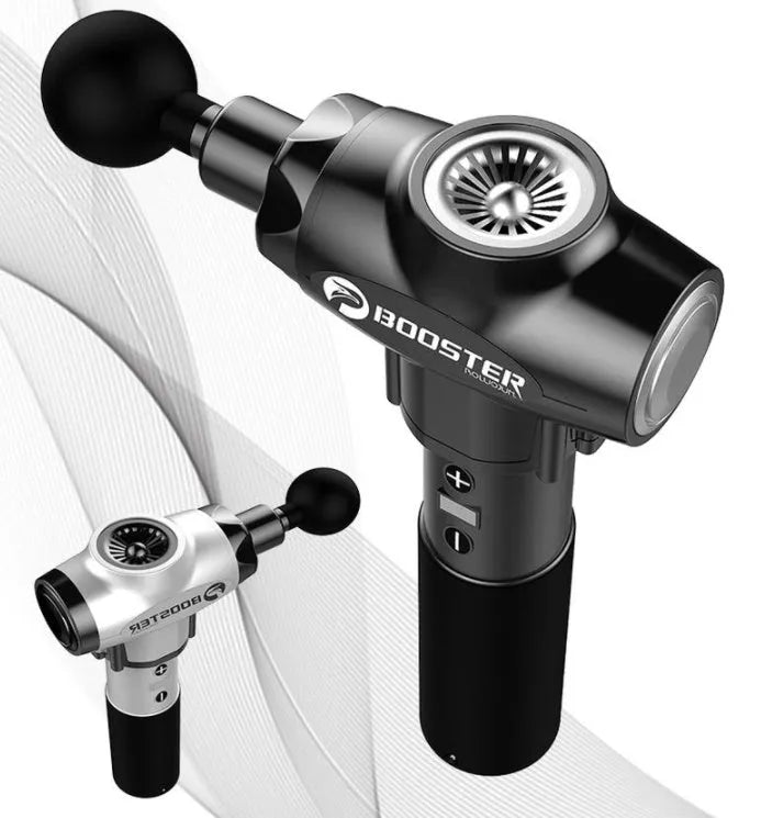 Professional muscle relaxation massager massage gun showing black and white colour options