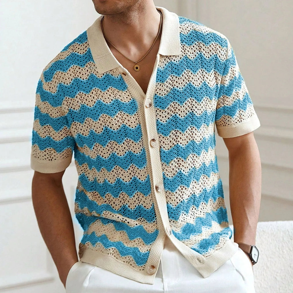 Blue hollow jacquard corrugated short sleeve sweater on a hanger, showing textured weave detail.