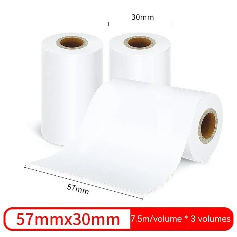 Three rolls of 57mm wide white thermal paper on a 30mm core, packaged together.