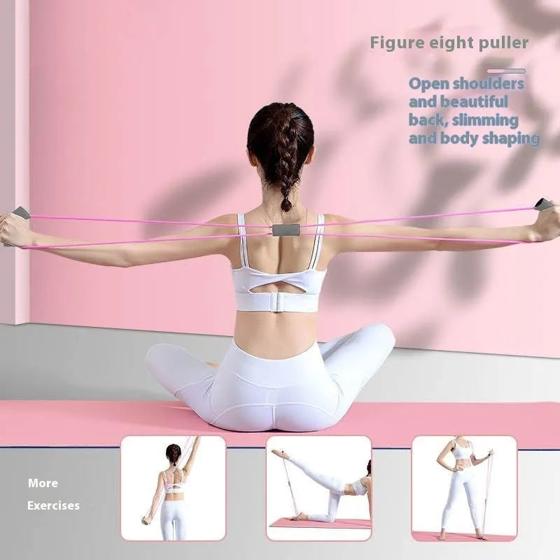 Yoga four piece fitness set with leg beauty device, yoga ring, pedal tension device, and figure eight tension rope
