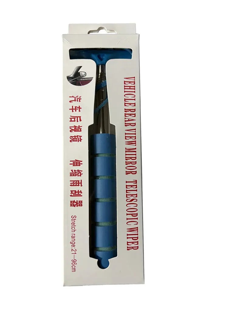 Retractable stainless steel car mirror wiper extended to show 100cm length with rubber cleaning blade.