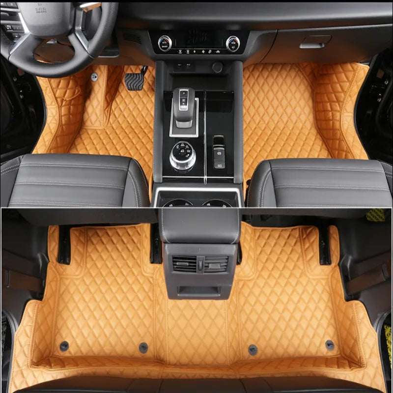 Custom black PU floor mats fitted in a Mitsubishi Outlander footwell.