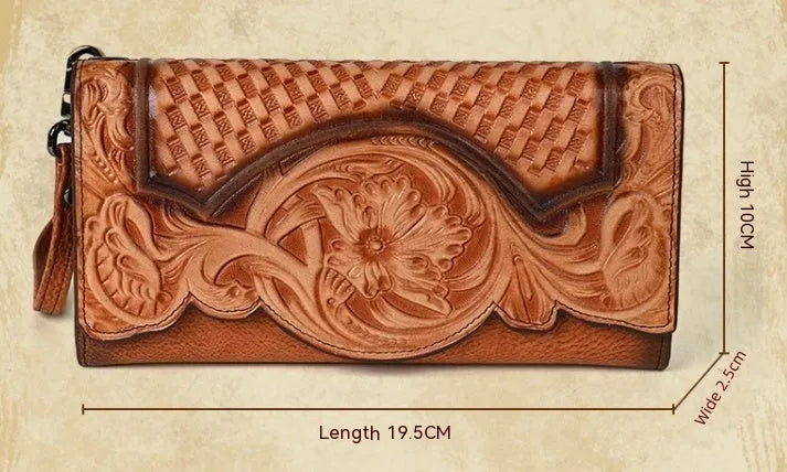 Women's brown genuine leather tri-fold wallet with embossed floral pattern showing open compartments