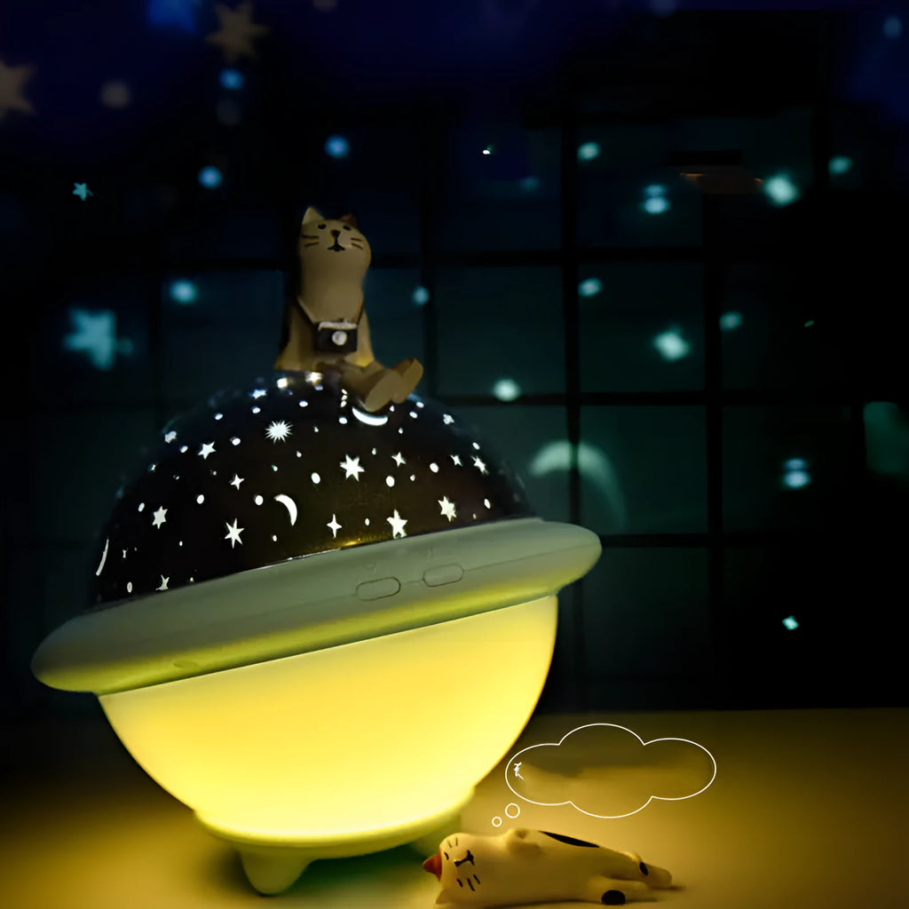UFO-shaped LED projection night light in white with starry sky projection effect