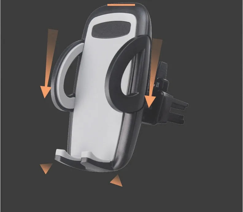 Black plastic universal mobile phone holder attached to a car air vent.