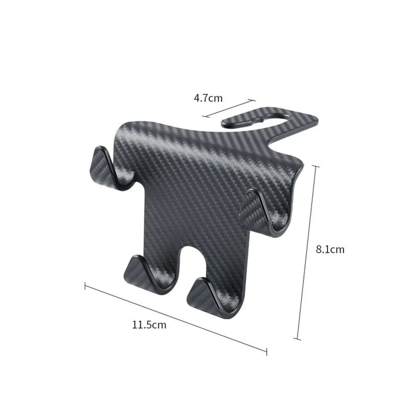 Black ABS plastic car hook and mobile phone bracket organiser for rear seat storage.