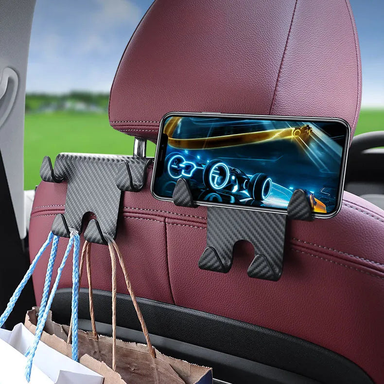 Black ABS plastic car hook and mobile phone bracket organiser for rear seat storage.