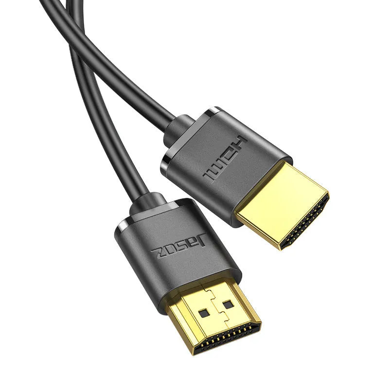 Thin flexible HDMI cable with gold-plated connectors in HDMI Hairline Rule colour, shown at various lengths.