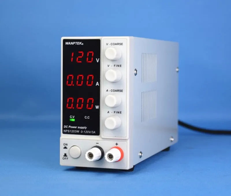 White bench power supply unit with digital display for electronics testing and mobile phone repair