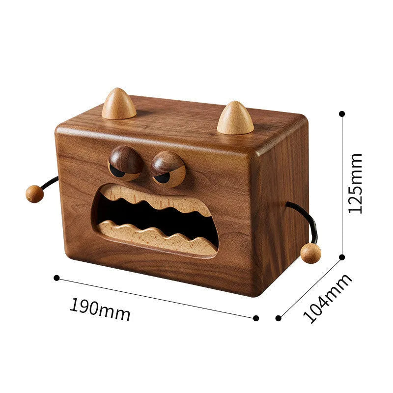 Little Monster cartoon design wooden tissue box in walnut beech colour, 190mm long.