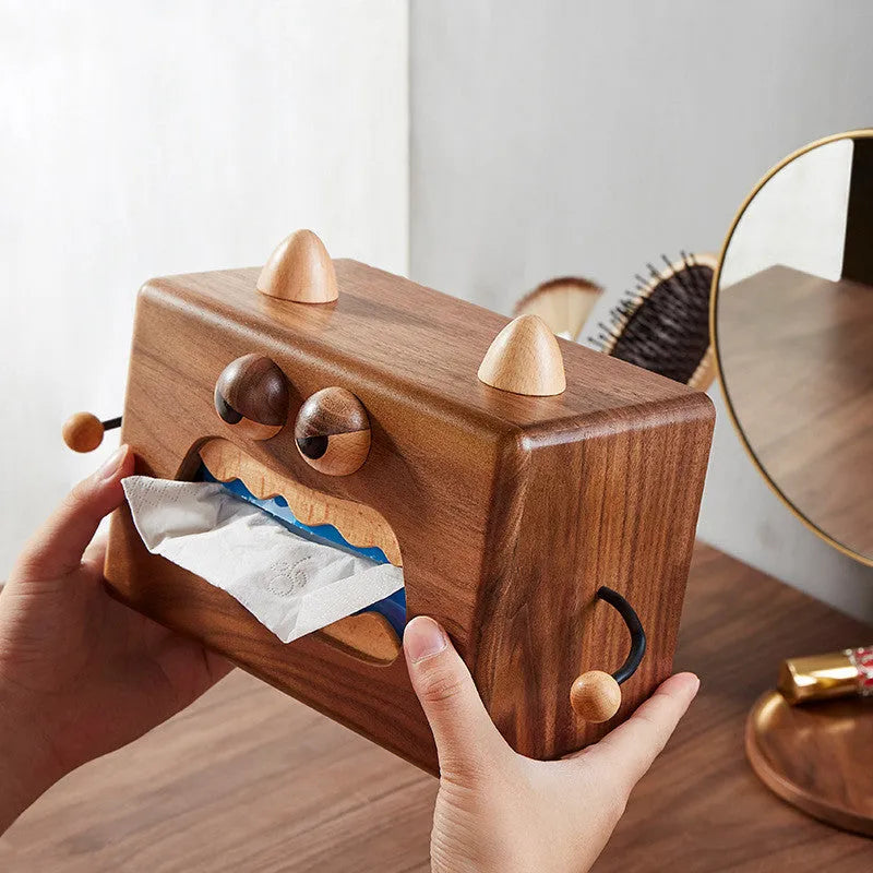Little Monster cartoon design wooden tissue box in walnut beech colour, 190mm long.