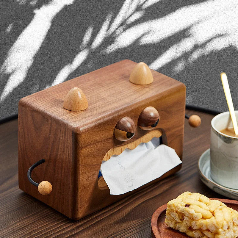 Little Monster cartoon design wooden tissue box in walnut beech colour, 190mm long.