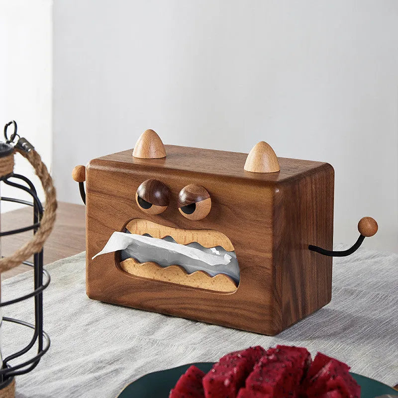 Little Monster cartoon design wooden tissue box in walnut beech colour, 190mm long.