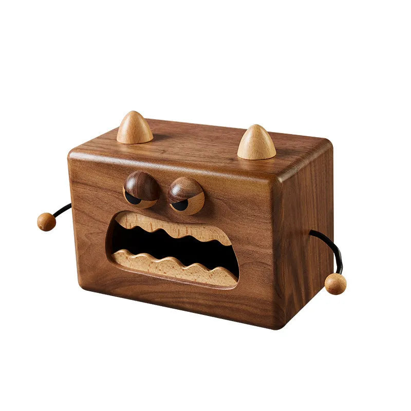 Little Monster cartoon design wooden tissue box in walnut beech colour, 190mm long.