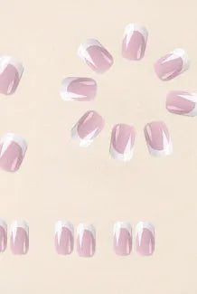 White press on nails with plaid pattern, 24 pieces in box