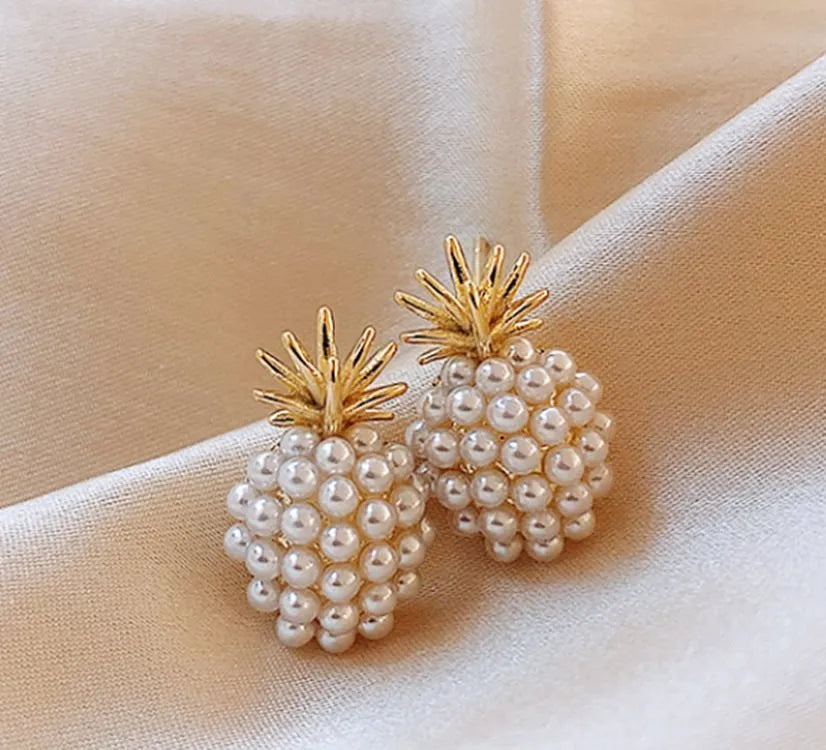 Korean style pineapple starfish pearl drop earrings with electroplated alloy and artificial gemstones
