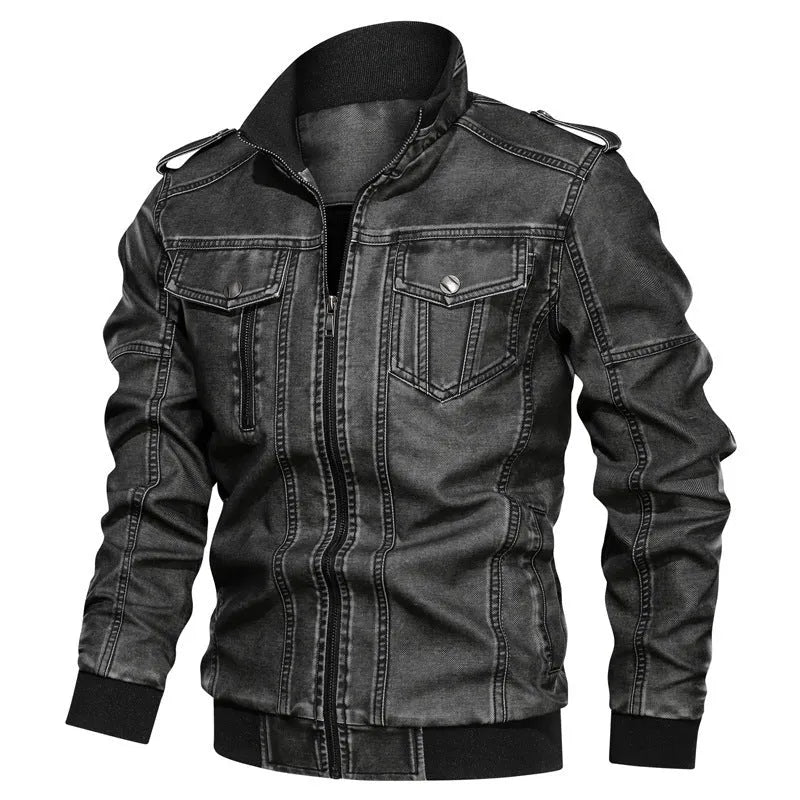 Men's PU leather coat in khaki with regular fit, side pockets, and 50cm length, size L to 6XL