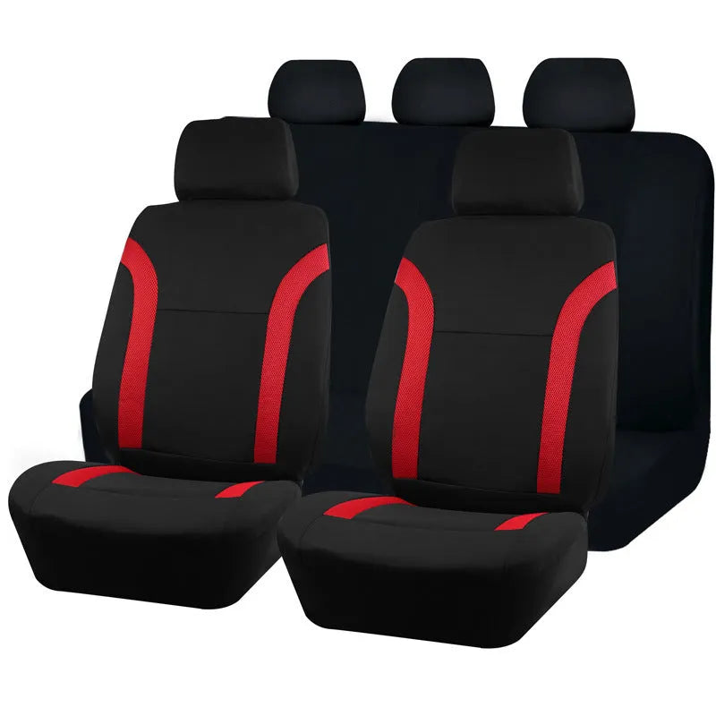 Polyester car seat covers with eyelet stitching in multiple colour options showing front and rear seat dimensions
