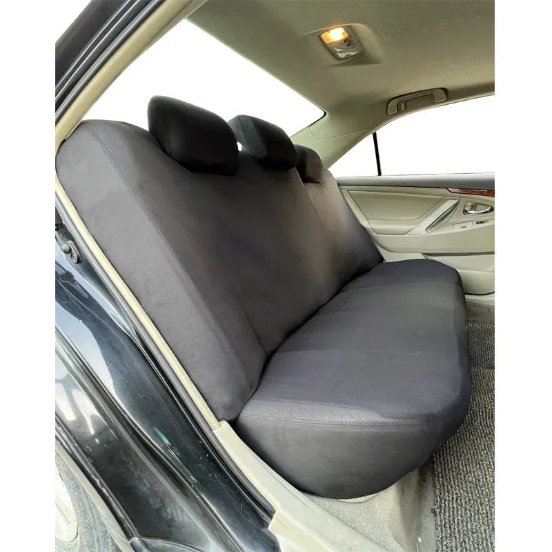 Polyester car seat covers with eyelet stitching in multiple colour options showing front and rear seat dimensions