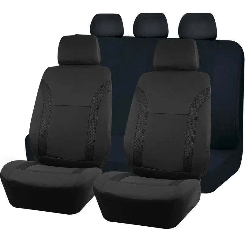 Polyester car seat covers with eyelet stitching in multiple colour options showing front and rear seat dimensions