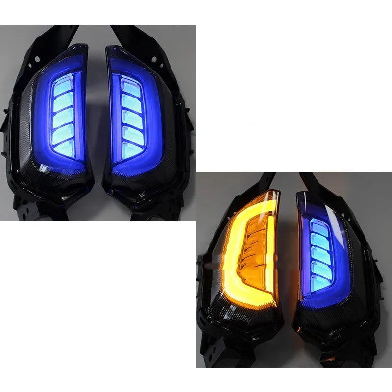Pair of LED steering turn signal lights for Yamaha NMAX155 scooter in blue and yellow colour.