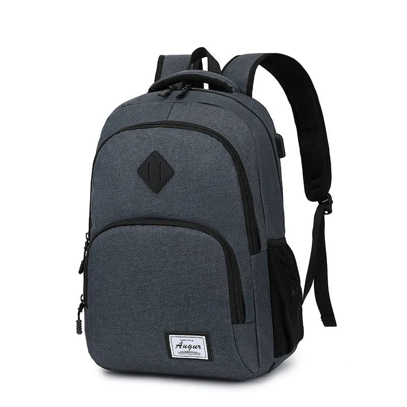 Grey and black lightweight backpack with USB charging port and trolley case attachment strap.