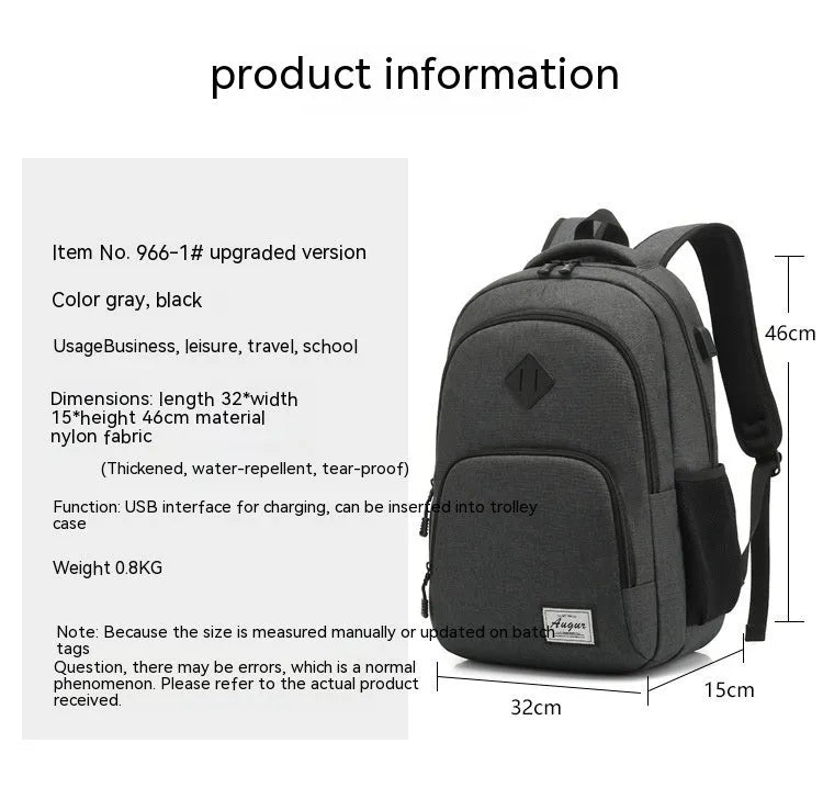 Grey and black lightweight backpack with USB charging port and trolley case attachment strap.