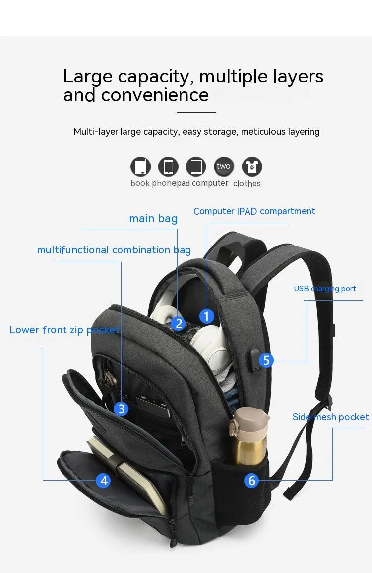 Grey and black lightweight backpack with USB charging port and trolley case attachment strap.