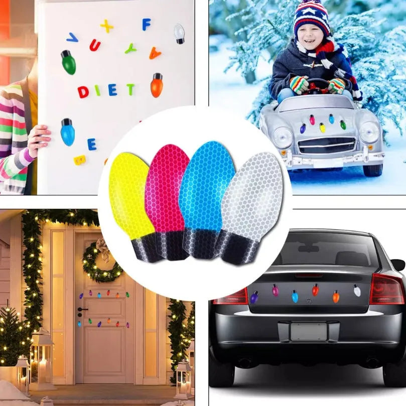 Magnetic Christmas light bulb reflective decal set with 24 bulbs and 12 wires for metal surfaces