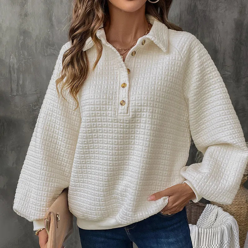 Women's beige thickened polyester sweater with a polo collar and long sleeves.