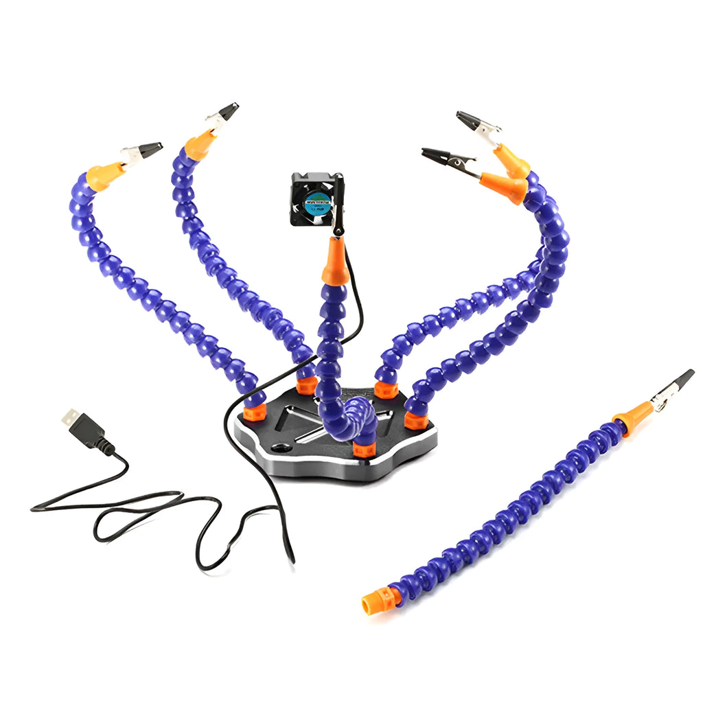 Black six-claw aluminium alloy welding station with multiple adjustable arms and a rotating head chuck.