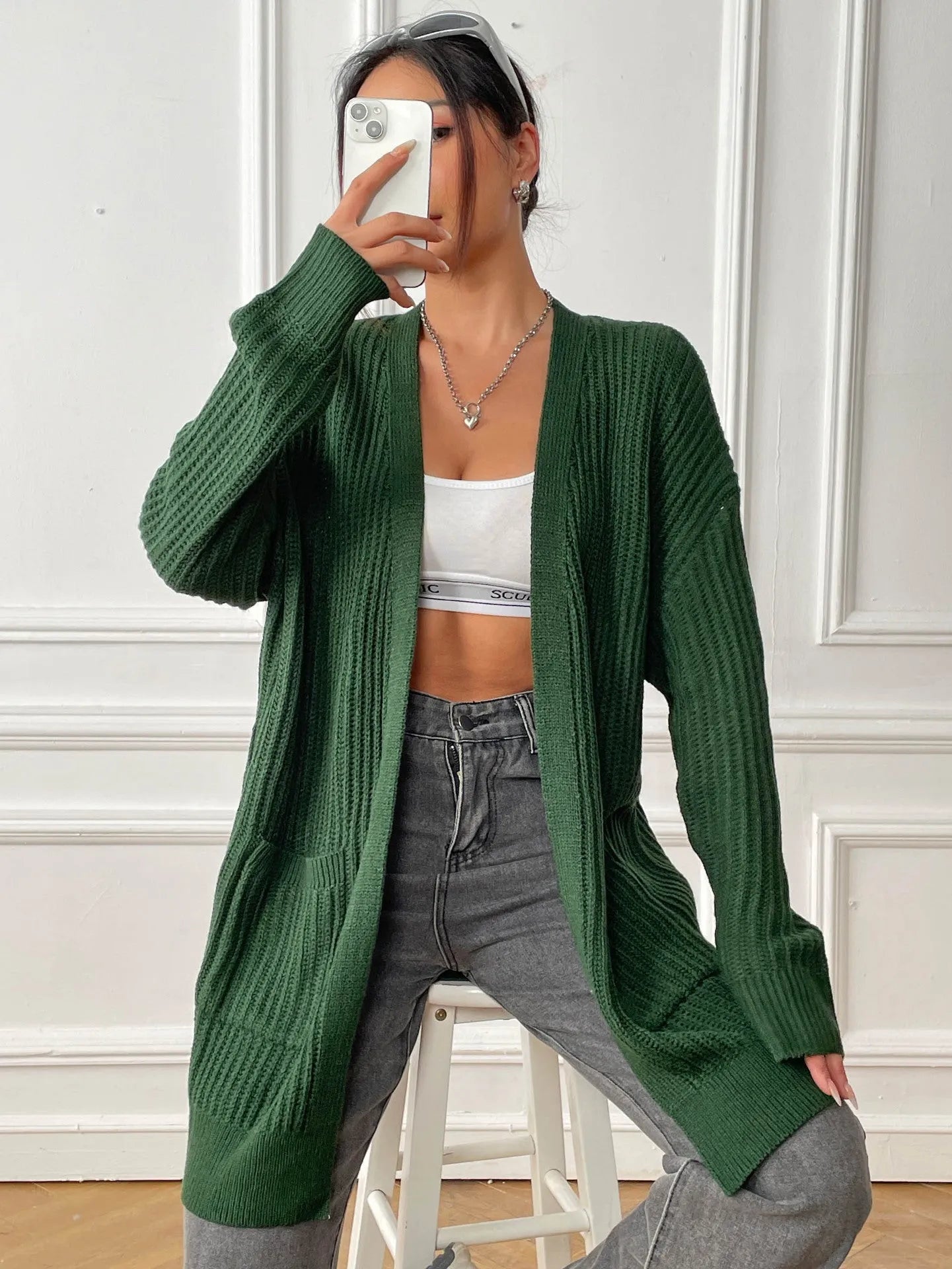 Women's dark green acrylic cardigan with double pockets and mid-length 65cm loose fit