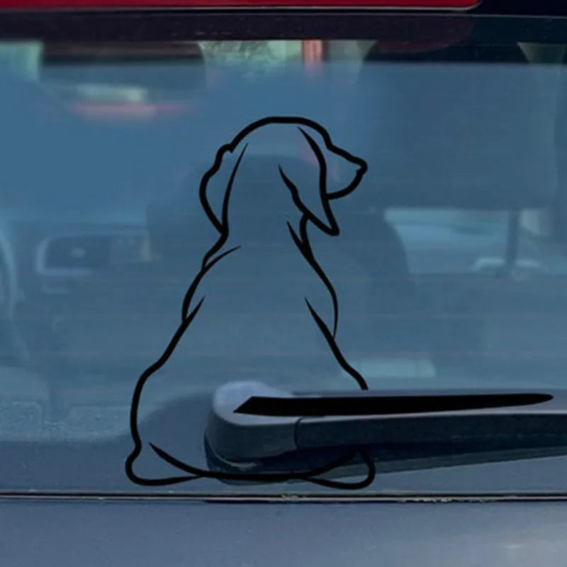Cartoon dog rear window car sticker with wiper-style tail on black or white vinyl decal