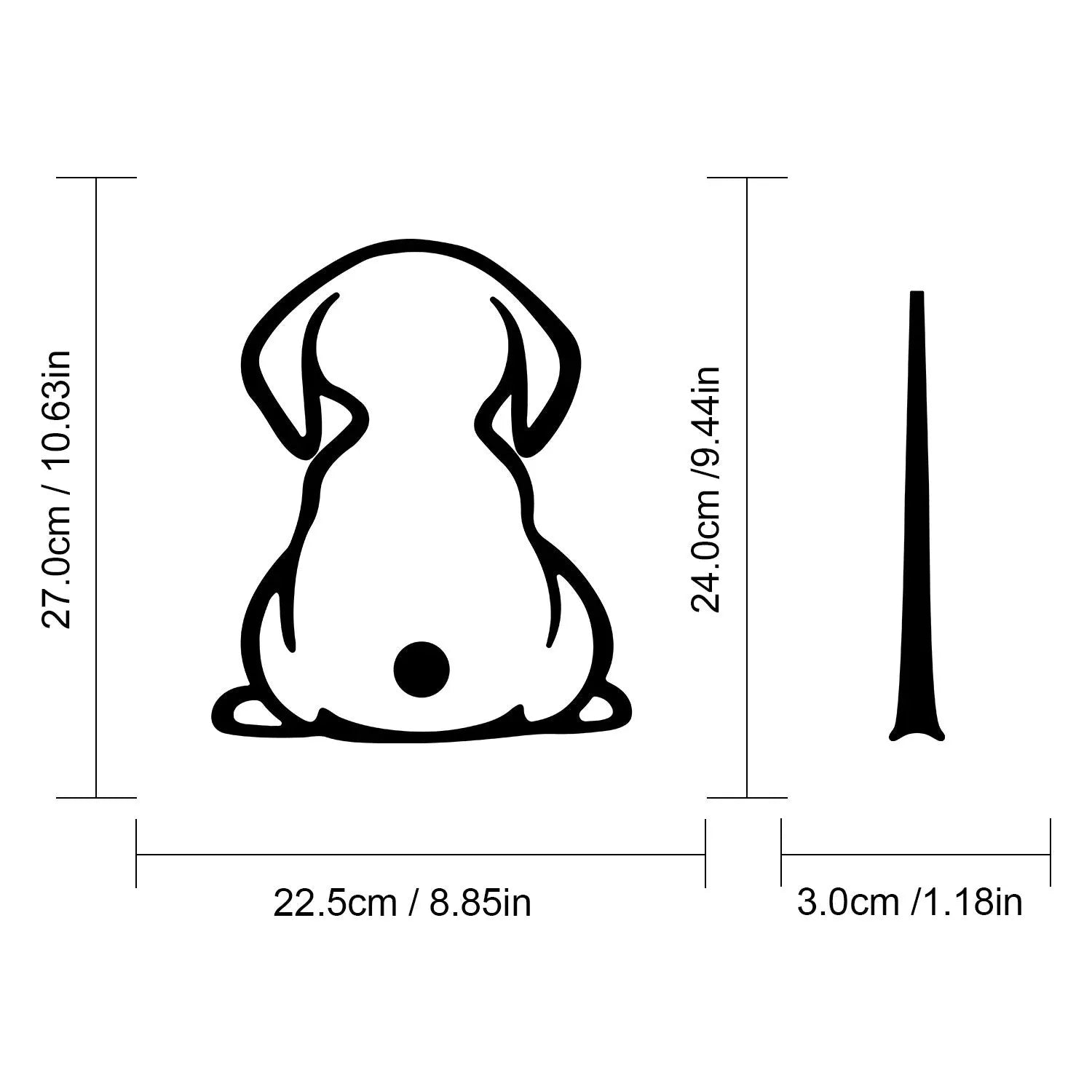 Black dog shadow silhouette vinyl car decal for rear window near wiper, showing body and tail sections.