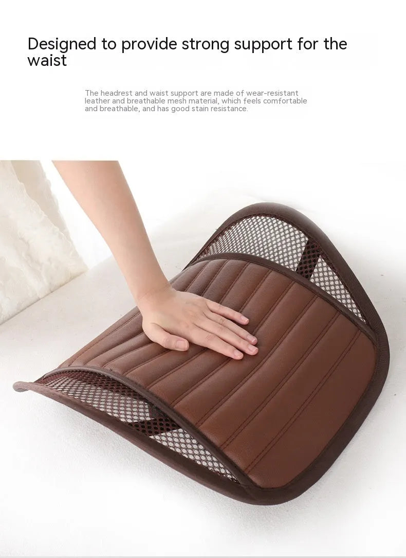 Leather car lumbar support waist back cushion pillow shown in different colours.