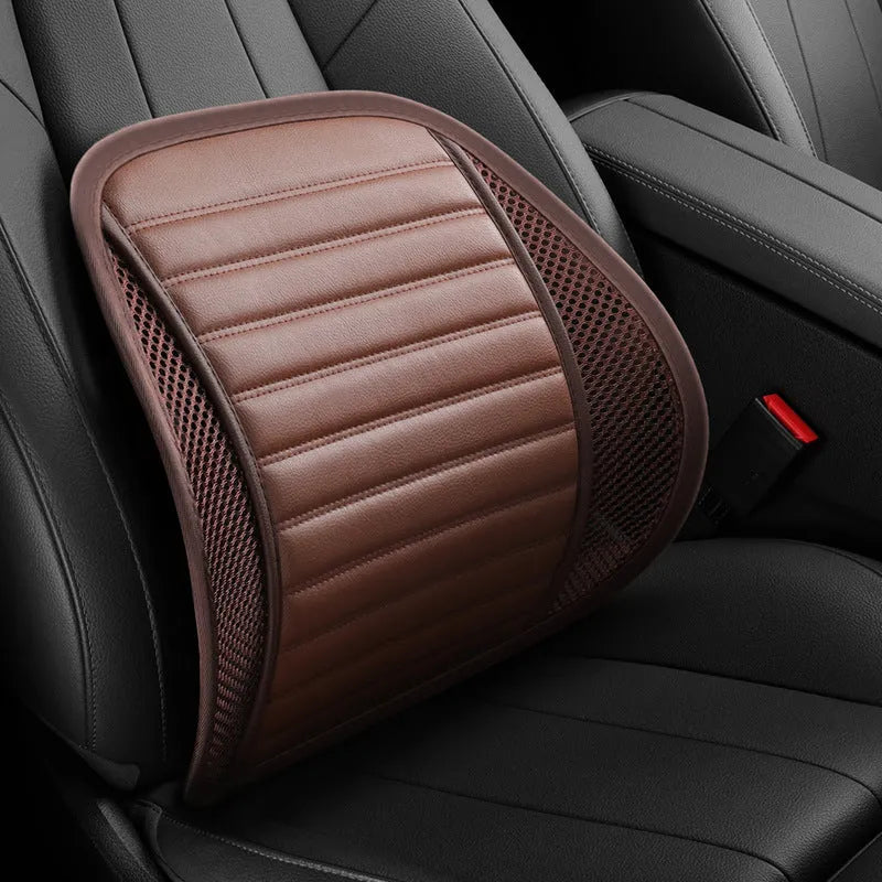 Leather car lumbar support waist back cushion pillow shown in different colours.