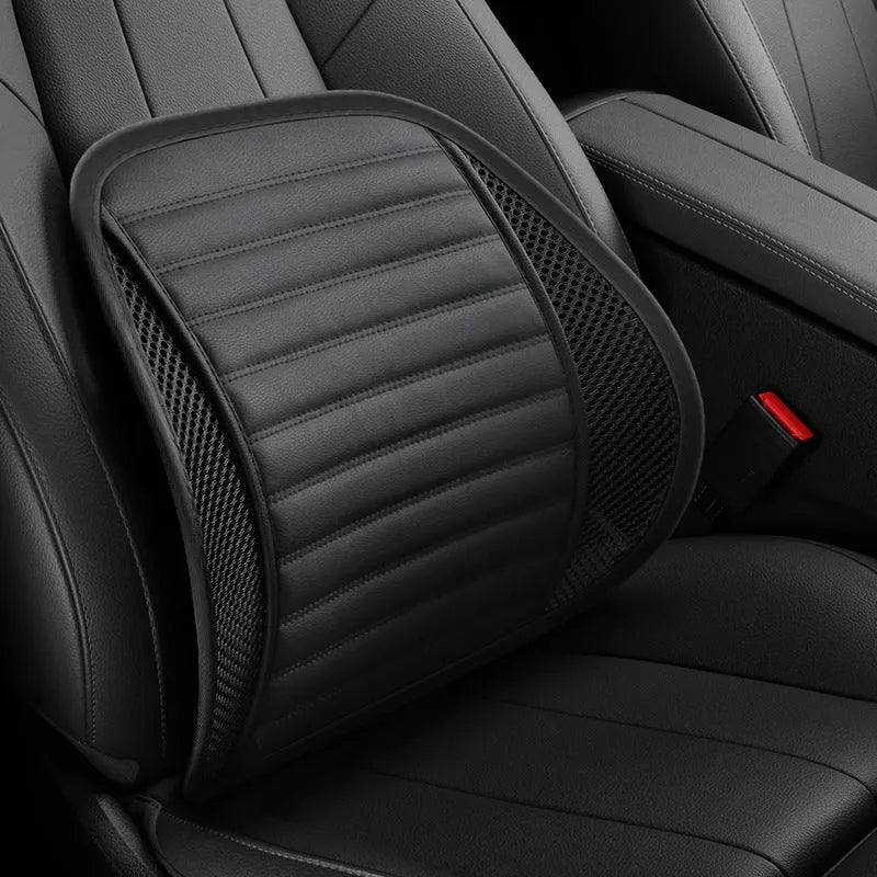 Leather car lumbar support waist back cushion pillow shown in different colours.