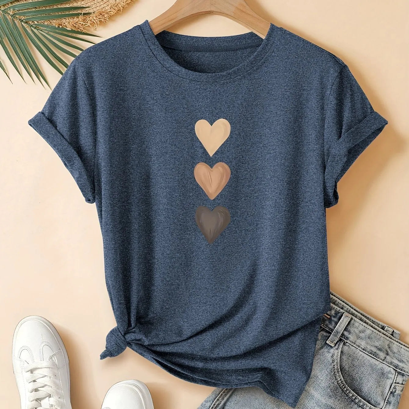 Women's pure cotton short sleeve t-shirt with a printed three-heart pattern in a Chinese retro style, shown in blue.